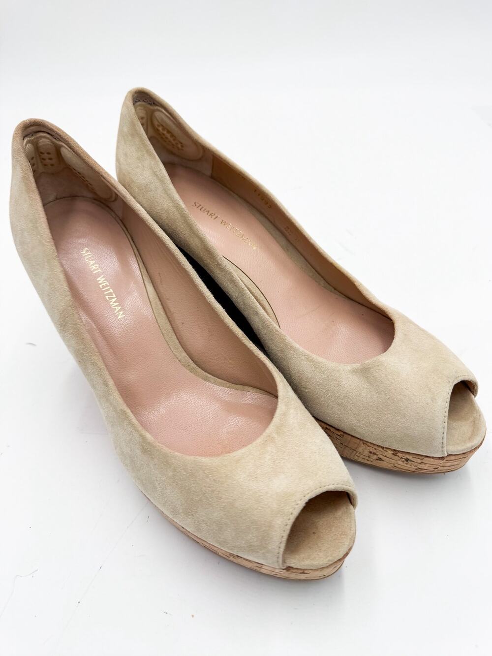 Stuart Weitzman Tan Anna Peep Toe Cork Wedges Size 8.5